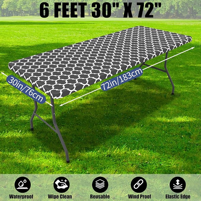 Smiry 2 Pack Rectangle Table Cloth 6 Foot, Waterproof Elastic Fitted Tablecloths, Windproof Washable Polyester Table Cover for Picnic, Camping, Outdoor (Dark Grey, 30"x72")