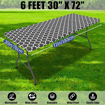 Smiry 2 Pack Rectangle Table Cloth 6 Foot, Waterproof Elastic Fitted Tablecloths, Windproof Washable Polyester Table Cover for Picnic, Camping, Outdoor (Dark Grey, 30"x72")