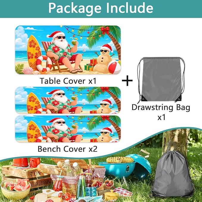 Picnic Table Cover with Bench Covers and Bag, Santa with Coconut Drink Camping Table Camping Essentials Cover with Elastic Edges for Indoor, Outdoor, Garden, 3Pcs, 30x96 Inch