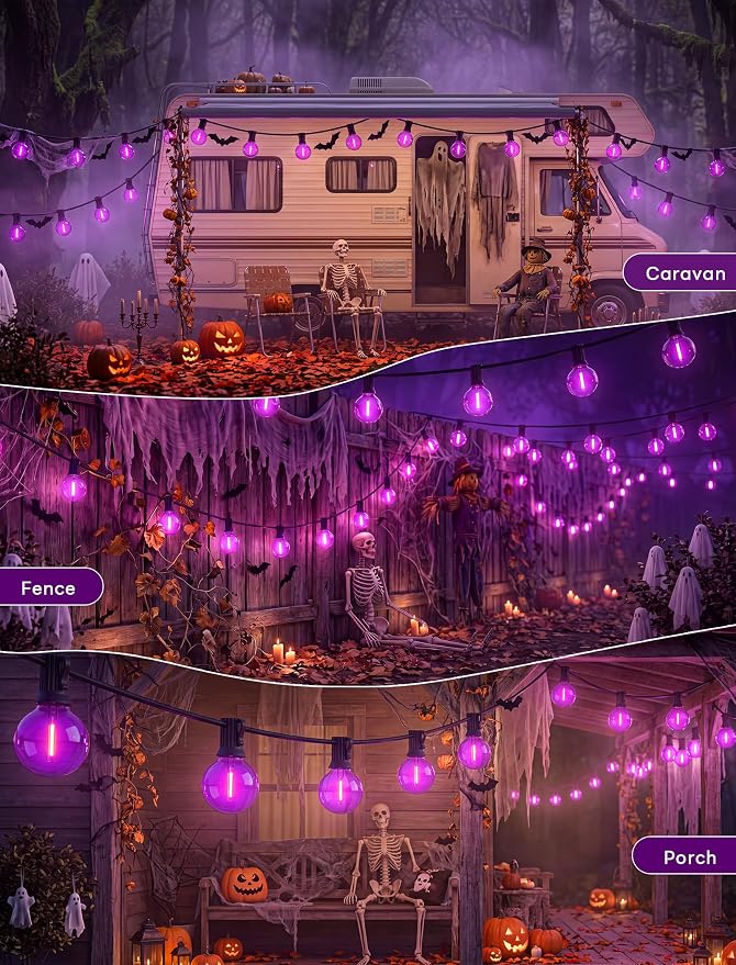 Abeja 50FT G40 Purple Halloween String Lights, Halloween Lights Outdoor with 27 Shatterproof Purple LED Bulbs(2 Spare) LED Globe Lights for Patio Balcony Backyard Pergola Decor