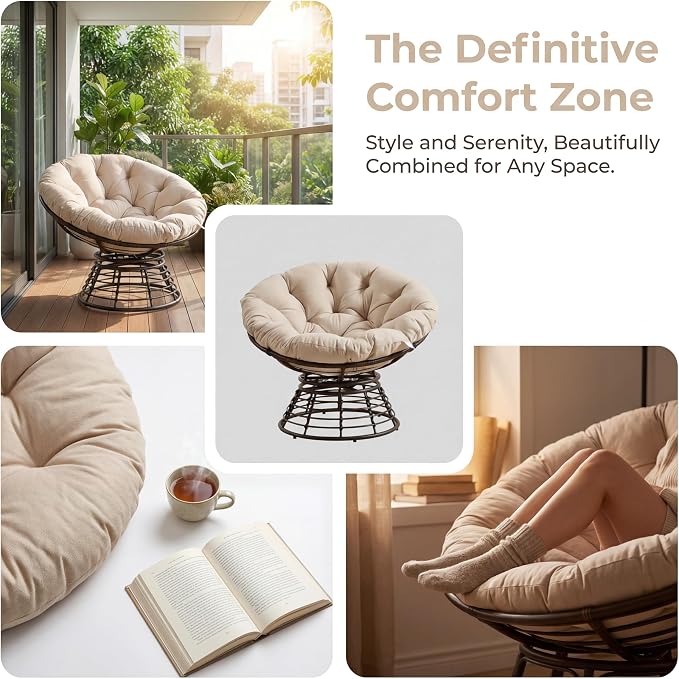 Cushion Papasan Swivel Chair, Ergonomic Wicker Round Chair with Thick Padding, Oversized Swivel Wicker Accent Chairs for Living Room, Bedroom, Reading Room, Balcony, Brown Frame, Beige