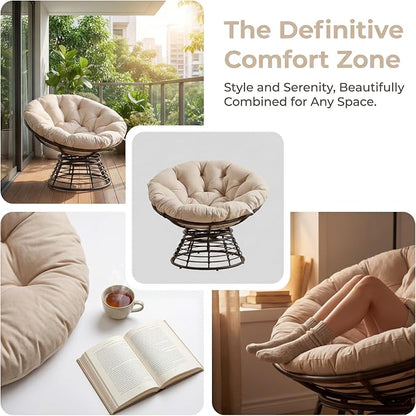 Cushion Papasan Swivel Chair, Ergonomic Wicker Round Chair with Thick Padding, Oversized Swivel Wicker Accent Chairs for Living Room, Bedroom, Reading Room, Balcony, Brown Frame, Beige