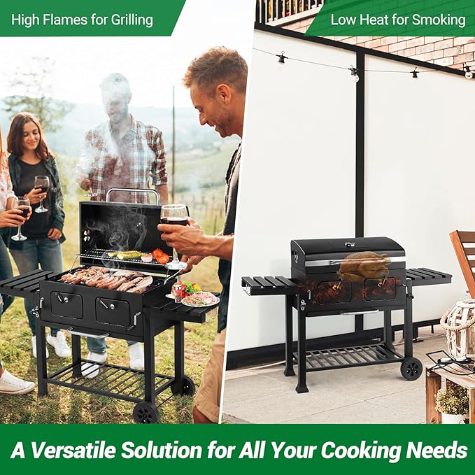 Outvita Extra Large Charcoal BBQ Grill with Oversize Cooking Area with Two Individual & Adjustable Charcoal Tray, Foldable Side Tables for Outdoor Cooking Backyard Patio Picnics
