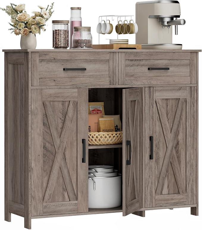 Homhedy Coffee Bar Storage Cabinet with Drawers, Kitchen Buffet Cabinet | Sideboard Cabinet with Doors, Farmhouse Buffet Cabinet, Adjustable Shelves, for Kitchen / Dining / Living Room, Greige