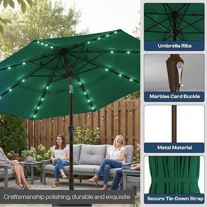 10ft 3-Tier Patio Umbrella with 32 Solar Powered LED Lights, Windproof Outdoor Market Umbrella for Deck, Poolside & Garden, Sturdy Push-Button Tilt Table Umbrella, Forest Green