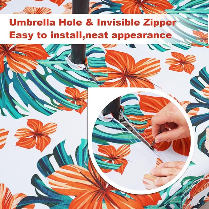 SquarePie Rectangle Outdoor Tablecloth with Umbrella Hole 60x84 inch,Water Resistant SpillProof Patio Zippered Table Cloth for Spring Summer Camping Garden Poolside Picnic BBQS,Palm Leaf Orange Flower