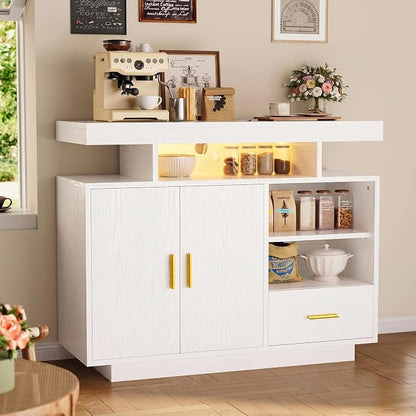 IRONCK Buffet Cabinet with Storage, Sideboard Cabinet with Outlet, White | Power Outlet with 3 AC Outlets and 2 USB Ports. Drawer, Door and Open Shelves. 60,000-color LED. Cable Management Hole.