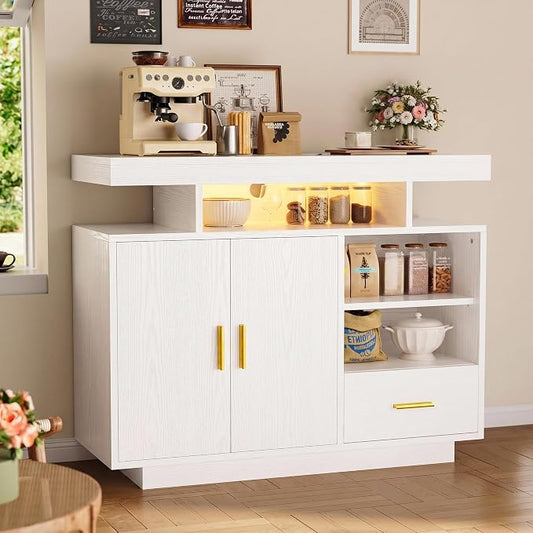IRONCK Buffet Cabinet with Storage, Sideboard Cabinet with Outlet, White | Power Outlet with 3 AC Outlets and 2 USB Ports. Drawer, Door and Open Shelves. 60,000-color LED. Cable Management Hole.