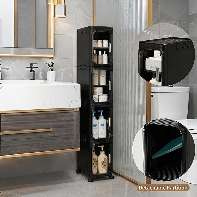 LXLXXL Narrow Storage Cabinet Slim Bathroom Storage Cabinet with Movable Wheels Tall Bathroom Organizer Skinny Cabinet for Small Spaces，2-Tier Black