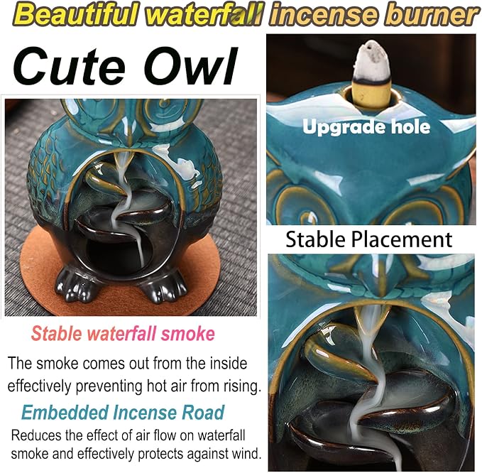 Mountain Waterfall Incense Burner，Backfall Incense Holder River, Incense Falls Meditation Decor for Room with Upgrade Incense Cones and Accessories (OWL)