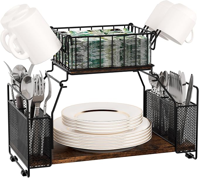 TQVAI Buffet Caddy, 2 Tier Countertop Paper Plate Organizer with Silverware Holder Mugs Hook Napkin Basket, Serving for Catering Supplies Buffet Display Hosting Thanksgiving Essentials, Black/Antique
