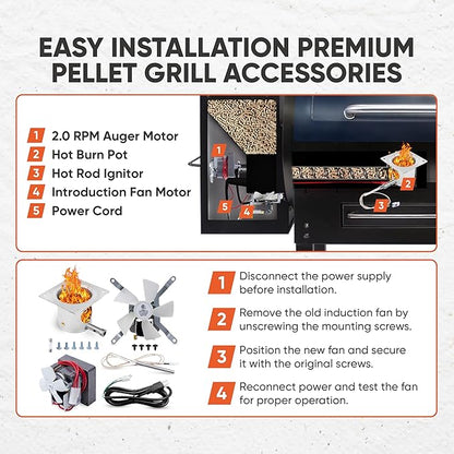 Traeger Grill Parts Kit by Canamax - Complete Set for Pellet Grill Auger Motor, Induction Fan, Fire Burn Pot, Hot Rod Igniter, Fuse, Power Cord - Compatible with Traeger, Pit Boss, Camp Chef, Z Grills