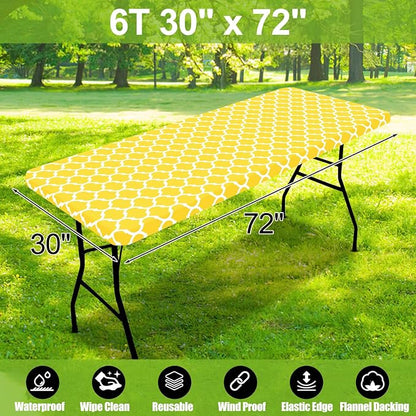 Smiry Picnic Fitted Table Cover, 6 Foot Flannel Backed Vinyl Tablecloth | Waterproof Elastic Stretch Table Cloth, Wipeable Plastic Tablecloth for Camping, Indoor & Outdoor (Yellow, 30" x 72")