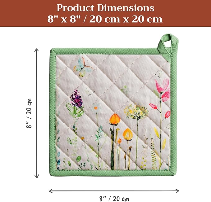 Maison d' Hermine Pot Holders 100% Cotton Heat Resistant Potholders 8" x 8" Hot Pads with Loop BBQ Cooking Baking Hotel Farmhouse Kitchen Handling Hot Pans Spring Summer(Pack of 1, Botanical Fresh)