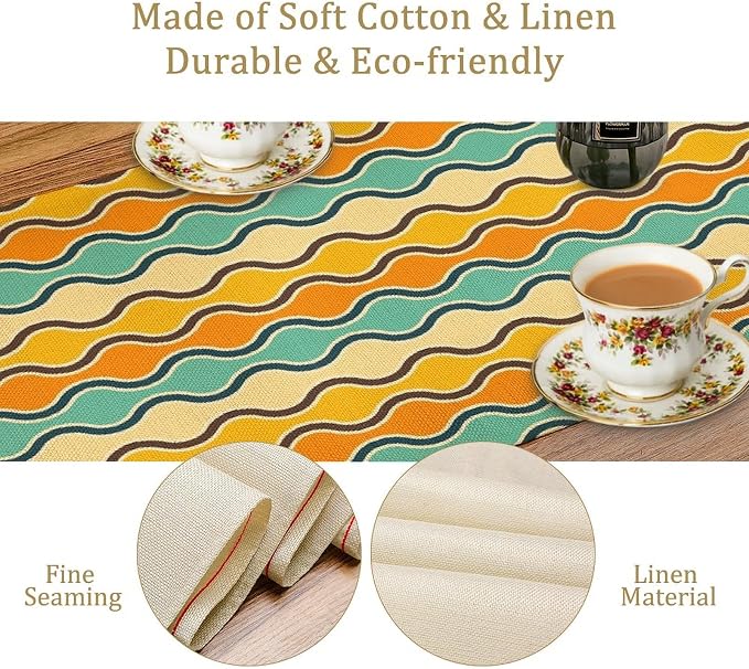 Orange Yellow Turquoise Coffee Table Runner for Kitchen Dining Table Mid Century Geometric Stripes for Kitchen Dining Modern Tables Decor 13x90in