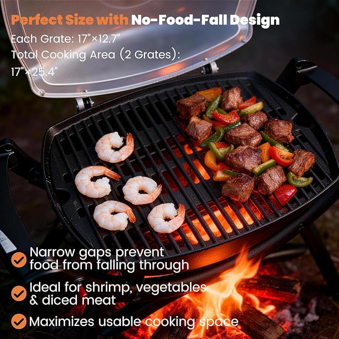 7644 Cast Iron Cooking Grates for Weber Q100/Q1000/Q120/Q1200/Q1400, 17 x 12.7 in Replacement Grill Grates for 516001, 516002, Baby Q Gas Grill, 2-Pack
