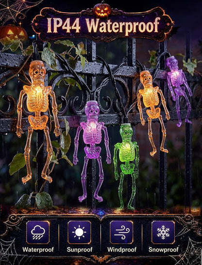 8.5Ft Halloween Skull String Lights, 10 LED Orange Green Purple Skeletons | Plug in, End-to-end Connectable, Weathproof & UL Listed, Hanging Halloween Ghost Decor for Indoor Outdoor Patio Porch Party