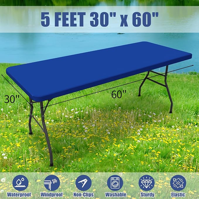 Moosfor Spandex 5 Foot Rectangle Table Cloth, Elastic Fitted Tablecloths for Picnic, Stretch Washable Patio Table Cover for Outdoor, Camping, Banquet and Parties (Blue, 30"x60")