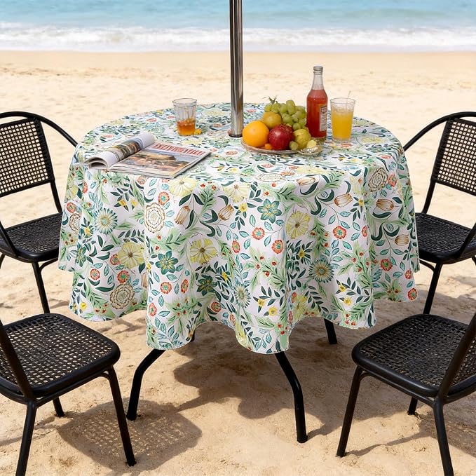 SUQ I OME Outdoor Tablecloth, Yellow Flora, 60'' Round with Zipper | zippered patio tablecloths