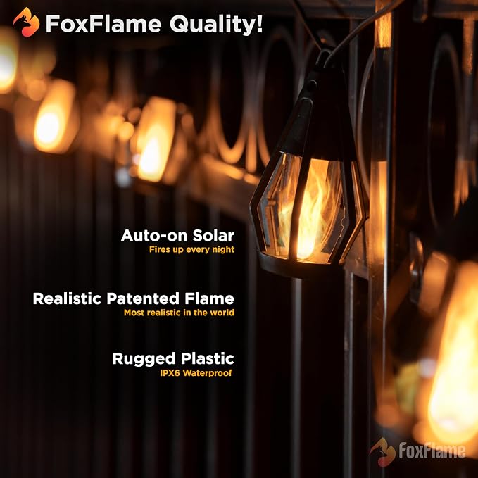 FoxFlame Solar String Lights Outdoor Waterproof, Patented Fire Effect 21 Ft | 10 Flickering LED Bulbs, Solar-Powered Solar Hanging Lights Outdoor for Patios, Porches, Fences and Gardens