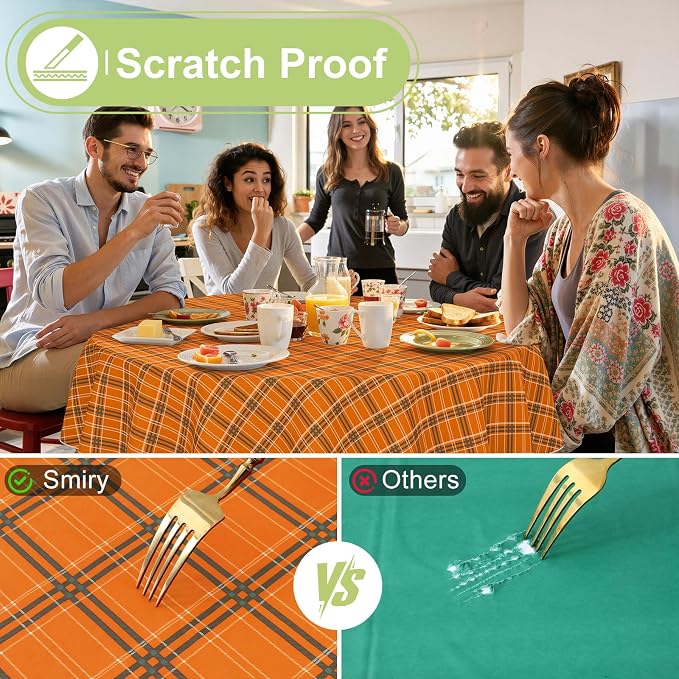 Smiry Picnic Table Cloth, Vinyl Tablecloths with Flannel Backing, 60" Round | Waterproof Picnic Table Cloth, Wipeable Vintage Plaid Table Cover for Indoor and Outdoor (Brown & Orange)
