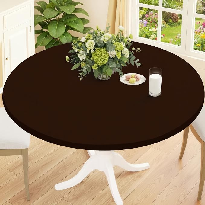 Smiry Round Spandex Tablecloth, Elastic Fitted Washable Tablecloths for 45"-56" Tables, Waterpoof Stretch Picnic Table Cover for Dining, Indoor and Outdoor, Coffee