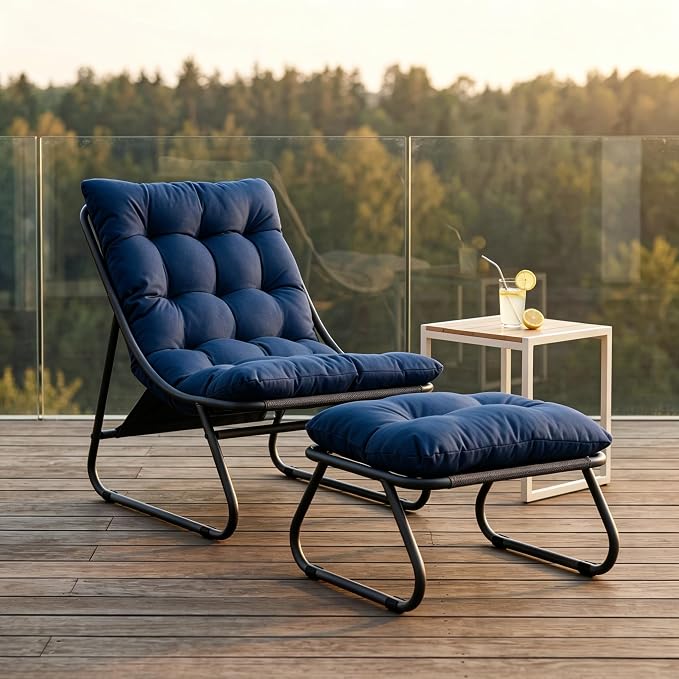 Rocking Chair with Ottoman, Modern Metal Frame Outdoor Rocker, Comfy Patio Lounge Chair with Footrest, Reading Glider Chairs for Living Room, Bedroom, Balcony, Garden, Relax, Navy Blue