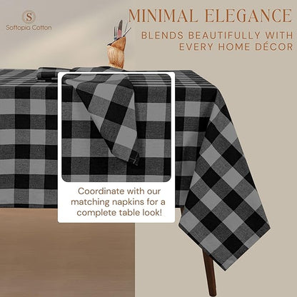 Premium Buffalo Plaid Tablecloth (60x102) - 100% Cotton Checkered Table Cover - Farmhouse Style, Washable Linen for Holiday Hosting, Dinner Parties, Family Dining, Light Grey & Black