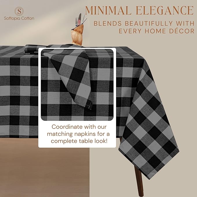 Light Grey and Black Buffalo Check Tablecloth, 52x70 Inches, Plaid Table Cover, 100% Cotton, Washable, Reusable Table Linen for Winter Dinners, Holiday Hosting and Everyday Dining