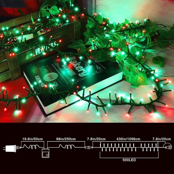 500 LED Red & Green String Lights, 46ft 16 Modes Plug in Christmas Lights, Waterproof Connectable Color Changing Cluster Lights for Indoor Outdoor Party Holiday Decor