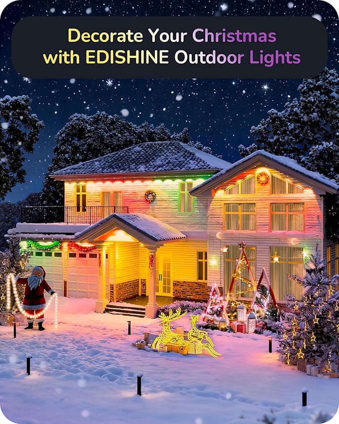 EDISHINE Permanent Outdoor Lights, 100FT with 60 RGBIC LED Cuttable Stripe Lights, APP/Voice/Remote Control, 111+ Scene Modes Outdoor Smart Lights, IP67 Waterproof for Party & Holiday Decor