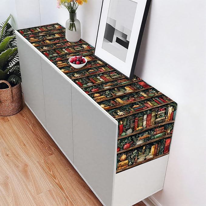 Bookshelf Table Runner,Dining Decor for Kitchen Coffee Table Family Dinners Holiday Parties Wedding Events Decor(13x72 inch)