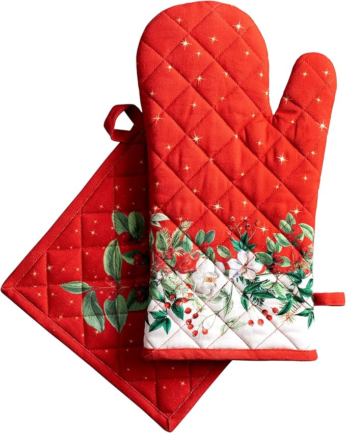 Maison d' Hermine 100% Cotton Oven Mitt & Pot Holder Set (7.5"x13" & 8"x8") Heat Resistant BBQ Cooking Gloves with Loop for Thanksgiving Christmas Decorations Handling Hot Pans (Noel)