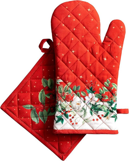 Maison d' Hermine 100% Cotton Oven Mitt & Pot Holder Set (7.5"x13" & 8"x8") Heat Resistant BBQ Cooking Gloves with Loop for Thanksgiving Christmas Decorations Handling Hot Pans (Noel)