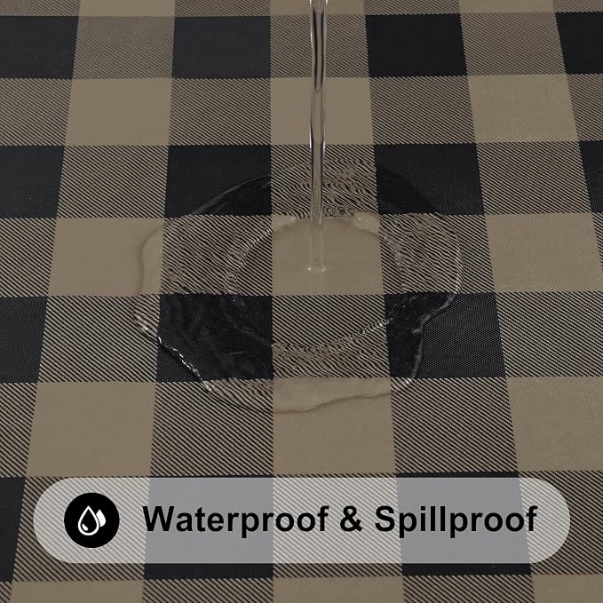 Smiry Rectangle Picnic Table Cloth, Elastic Waterproof Fitted Vinyl Tablecloths, Flannel Backed Buffalo Plaid Table Covers for Dining, Camping, Outdoor (Black and Khaki, 30" x 96")