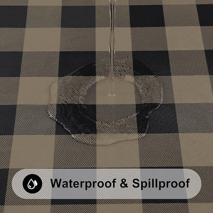 Smiry Rectangle Picnic Table Cloth, Elastic Waterproof Fitted Vinyl Tablecloths, Flannel Backed Buffalo Plaid Table Covers for Dining, Camping, Outdoor (Black and Khaki, 30" x 96")