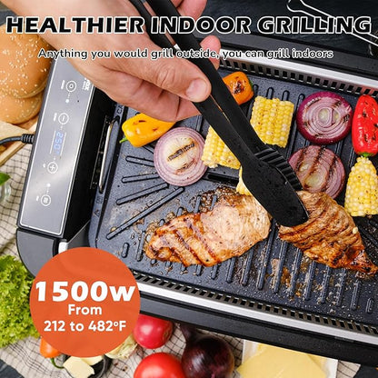 Indoor Grill, CUSIMAX Electric Smokeless Grill & Griddle, Black, 1500W | With REPLACEABLE Smoke Filter Sponge/Smart LED Display/Non Stick 2 in 1 Grill & Griddle Plates/Larger Grilling Area