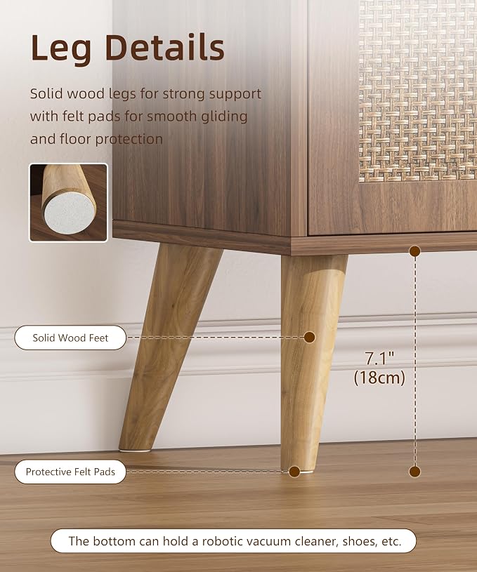 Keehusux Rattan Storage Cabinet with Drawer and 2 Doors, Walnut | Accent Sideboard Buffet Cabinet with Adjustable Shelf & Solid Wood Feets, Coffee Bar for Kitchen, Living Room, Entryway