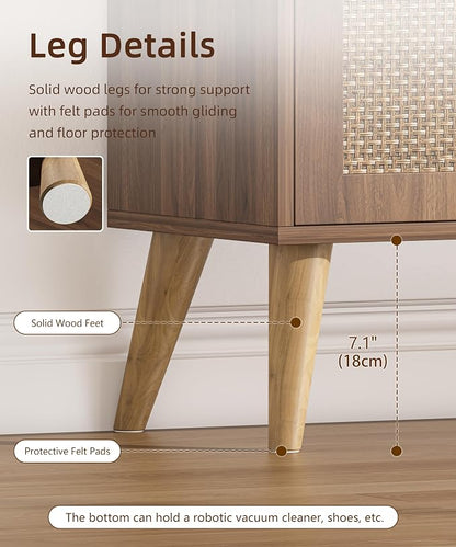 Keehusux Rattan Storage Cabinet with Drawer and 2 Doors, Walnut | Accent Sideboard Buffet Cabinet with Adjustable Shelf & Solid Wood Feets, Coffee Bar for Kitchen, Living Room, Entryway
