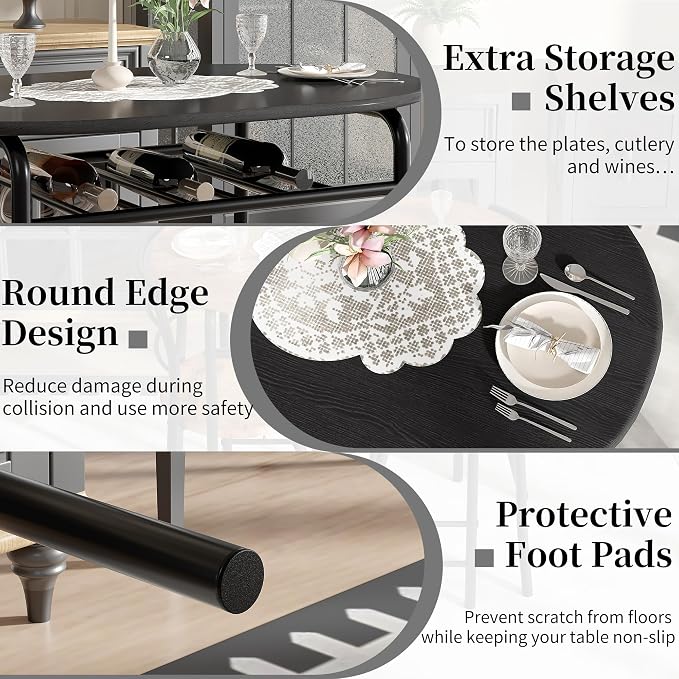 VECELO 3-Piece Dining Table Set for Kitchen Breakfast Nook, Wood Grain Oval Tabletop and Metal Frame with Built-in Wine Rack, for Small Spaces, Black