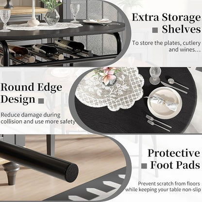 VECELO 3-Piece Dining Table Set for Kitchen Breakfast Nook, Wood Grain Oval Tabletop and Metal Frame with Built-in Wine Rack, for Small Spaces, Black