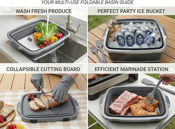 Collapsible BBQ Prep Tub with Lid & Cutting Board 16L - XL Meat Marinating Basin & Grill Carry System - 5pc Set with Heat Resistant Gloves, Basting Brush & Spatula (Black, Large, 16L)