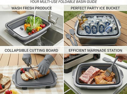 Collapsible BBQ Prep Tub with Lid & Cutting Board 16L - XL Meat Marinating Basin & Grill Carry System - 5pc Set with Heat Resistant Gloves, Basting Brush & Spatula (Black, Large, 16L)