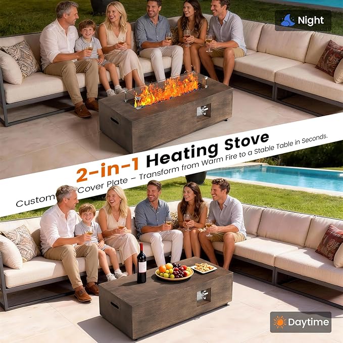 SUNPEAK 42" Rectangular Propane Fire Pit Table 50,000 BTU Fireplace Table with Wind Guard, Lid, Rocks and Cover - Fire Pits & Outdoor Fireplaces - Gas Fire Pits for Outside Patio (Teak Finish, 42")