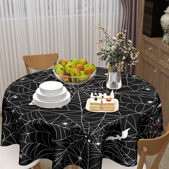 Sweetshow Halloween Spider Web Table Cloth Round Black and White Bat Tablecloth 70 Inch Decor Washable Stain and Wrinkle Resistant Round Table Cover for Dining Picnic