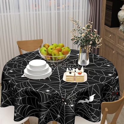 Sweetshow Halloween Spider Web Table Cloth Round Black and White Bat Tablecloth 70 Inch Decor Washable Stain and Wrinkle Resistant Round Table Cover for Dining Picnic