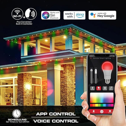 Monster Smart Permanent Outdoor Lights, 200ft, 144 LED Eaves Lights, RGB+IC+WW, Weather & Water Resistant, App & Voice Control, Compatible with Alexa and Google, for Patios, Gardens & Year-Round Use