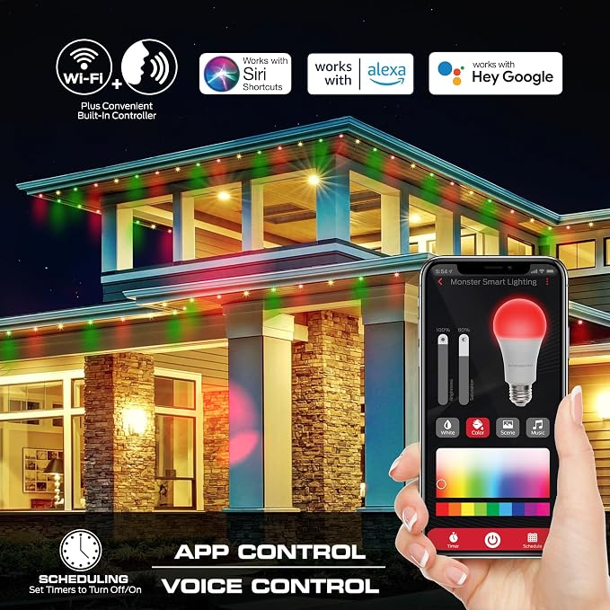 Monster Smart Permanent Outdoor Lights, 150ft, 108 LED Eaves Lights, RGB+IC+WW, Weather & Water Resistant, App & Voice Control, Compatible with Alexa and Google, for Patios, Gardens & Year-Round Use