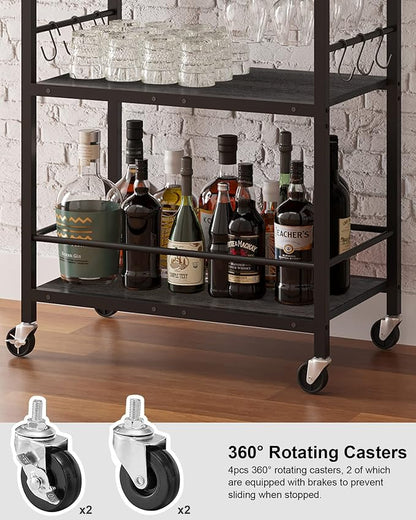 TUTOTAK Bar Cart with Wheels, Drink Cart with Wine Rack and Glass Holder | 3-Tier 23.7 Inch Wide Home Bar Serving Carts, Small Mobile Kitchen Shelf with 6 Hooks, Black BC01BK030