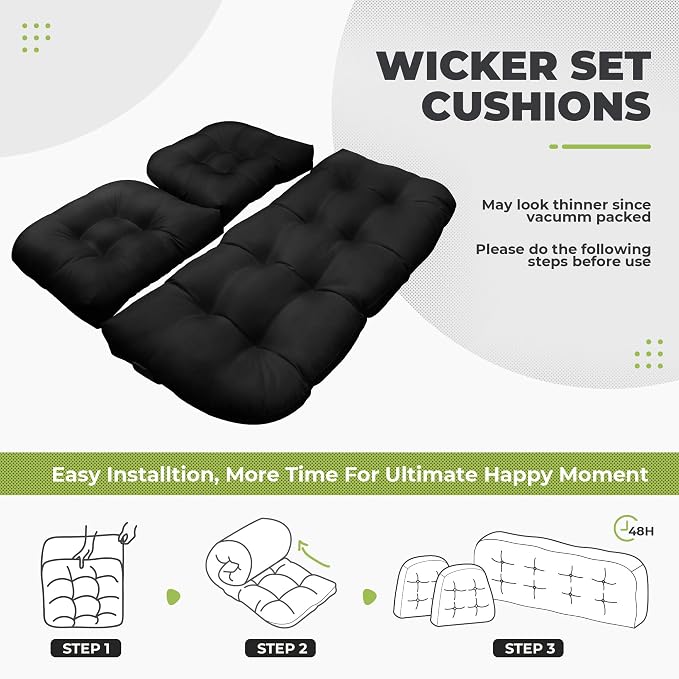 DANGHOOGY Wicker Chair Cushions, Waterproof Outdoor Loveseat Cushions for Patio Furniture, 3 Pieces Wicker Furniture Cushions, 1 Loveseat and 2 U-Shaped Cushions, Black